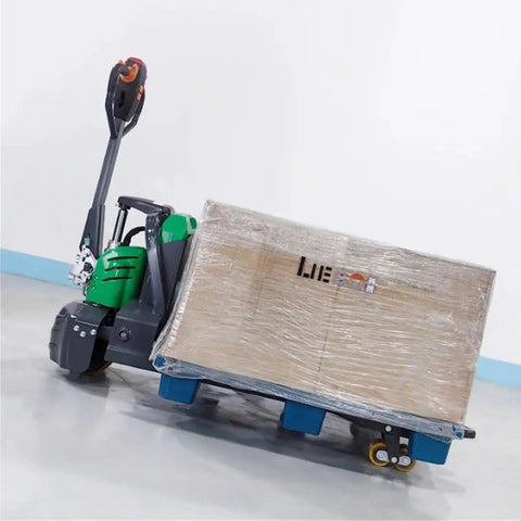 Heavy Duty Full Electric Pallet Truck With Lithium Battery, 3300 Lb Capacity Motorized Pallet Jack lifting a wrapped pallet.