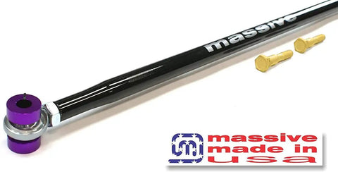 Gloss Black Massive Panhard Adjustable Bar Rod For 82 02 F Body Camaro Firebird Steel On Car Suspension Upgrade With Heavy Duty Five Eighths Inch PTFE Lined Ends And Superior Traction, black steel bar with purple end and gold bolts