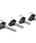 Four Piece Pack Of One Quarter Twenty By Half Inch Thumb Screws With Slick Black Aluminum Knobs And Rust Proof Stainless Steel Coarse Threads Built For Easy Install Top Shelf Quality Hella Tough Shop Hardware For Any Fastening Job You Throw At It Today, showcasing sizes 1/2, 3/4, 1, and 1-1/4 inches.