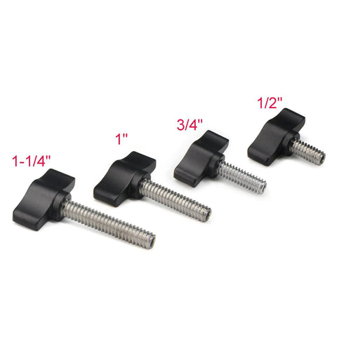 Four Piece Pack Of One Quarter Twenty By Half Inch Thumb Screws With Slick Black Aluminum Knobs And Rust Proof Stainless Steel Coarse Threads Built For Easy Install Top Shelf Quality Hella Tough Shop Hardware For Any Fastening Job You Throw At It Today, showcasing sizes 1/2, 3/4, 1, and 1-1/4 inches.