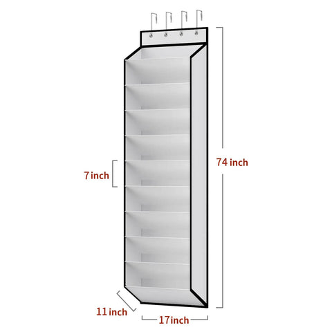 Over The Door 10 Tier White Hanging Shoe Organizer With Deep Pockets Holds 20 To 30 Pairs For Sneakers And Boots Durable Nonwoven Fabric Door Storage Solution, dimensions labeled