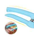 Close-up view of lightweight garden scissors with sharp stainless steel bypass blade and green handle for trimming