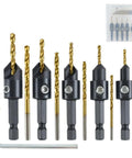 Front view of 12-piece titanium-coated countersink drill bits with hex shanks for woodworking