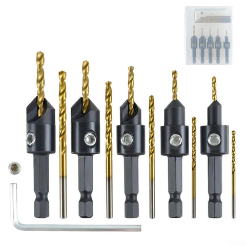 Front view of 12-piece titanium-coated countersink drill bits with hex shanks for woodworking
