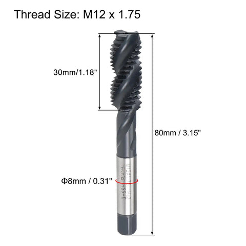 Pro Grade M12 x 1.75 Spiral Flute Thread Tap for Metric Machine Threading HSS Nitriding Coated, dimensions shown
