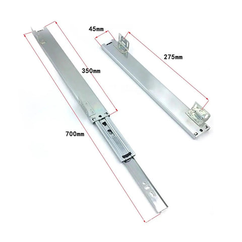 Set Of Two Heavy Duty 14 Inch Drawer Slides Offering Rock Solid 100 Lb Capacity With Smooth Ball Bearing Side Mount Cabinet Glides That Open Like Butter Every Time, showcasing steel tracks with measurements.