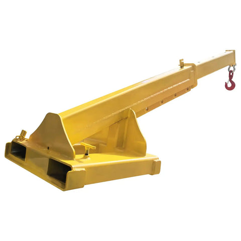 Heavy Duty Forklift Jib Boom Crane With Four Ton Capacity Telescopic Steel Boom For Warehouse Rigging, yellow steel jib with hook.
