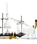 DIY Distiller Kit For Essential Oils Moonshine And Alcohol Making, Glass Distillation Set With 22 Piece Borosilicate Lab Grade Apparatus, 500 Ml Capacity, Complete Glassware Kit For Home Chemistry shown disassembled with various components displayed on a white background.