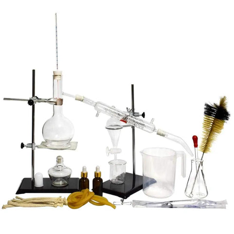 DIY Distiller Kit For Essential Oils Moonshine And Alcohol Making, Glass Distillation Set With 22 Piece Borosilicate Lab Grade Apparatus, 500 Ml Capacity, Complete Glassware Kit For Home Chemistry shown disassembled with various components displayed on a white background.