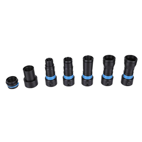 Quick Switch Vacuum Hose Adapters For Dust Collection System featuring six durable steel connectors in black and blue.