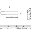 Flat-head 1/4-20 x 2 in Allen bolt, 304 stainless steel, plain finish, side/top views.