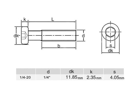 Flat-head 1/4-20 x 2 in Allen bolt, 304 stainless steel, plain finish, side/top views.