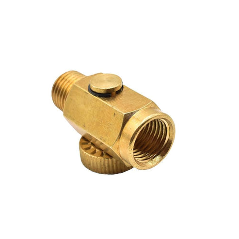 Inline Bleed Valve 1/4 Inch MPT to 1/4 Inch FPT All Brass Construction Adjustable Knurled Handle shown at angle