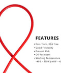 Pro Grade Red Silicone Vacuum Tubing For Food Grade Transfer, Half Inch ID, Five Eighths Inch OD, 3.28 Feet Long, High Temperature FDA Compliant Hose For Pump Water And Air Lines, Minus Sixty To One Ninety Celsius depicted in loop form with features list.