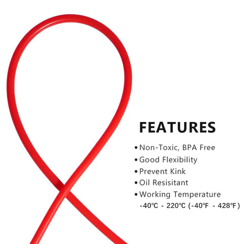 Pro Grade Red Silicone Vacuum Tubing For Food Grade Transfer, Half Inch ID, Five Eighths Inch OD, 3.28 Feet Long, High Temperature FDA Compliant Hose For Pump Water And Air Lines, Minus Sixty To One Ninety Celsius depicted in loop form with features list.