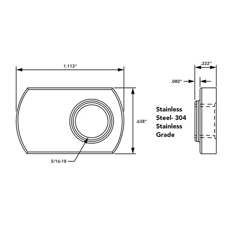 Technical diagram of Stainless Steel Slide In T Nut With Offset Thread For Fifteen Series Aluminum Extrusion Five Sixteenths By Eighteen Thread 304