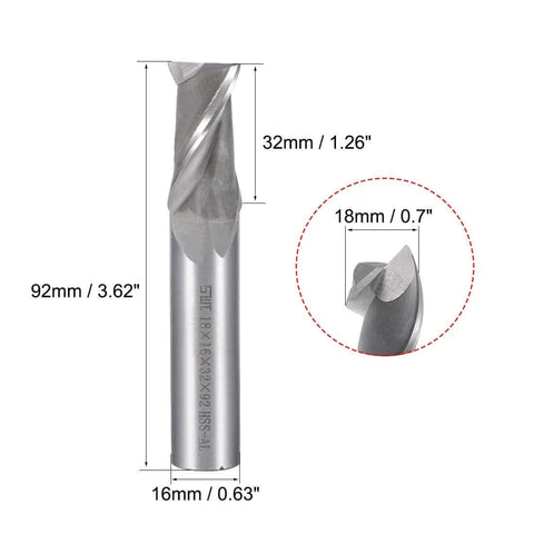 uxcell HSS-AL end mill, 2-flute, straight shank, 18×16×32 mm, front view