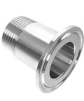 Angled side view: stainless steel sanitary adapter, 1-in NPT male to 1.5-in tri-clamp