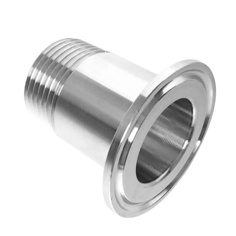 Angled side view: stainless steel sanitary adapter, 1-in NPT male to 1.5-in tri-clamp