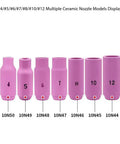 A Solid Ten-Pack Set Of Premium Alumina Ceramic Cups For TIG Welding Guns with multiple ceramic nozzle models displayed.