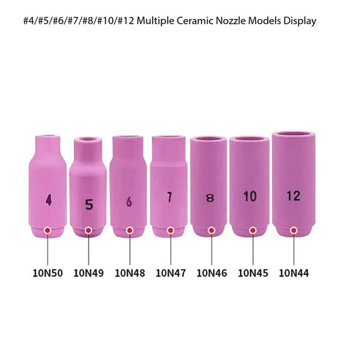 A Solid Ten-Pack Set Of Premium Alumina Ceramic Cups For TIG Welding Guns with multiple ceramic nozzle models displayed.