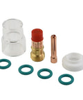 8 Piece TIG Torch Kit components including heat resistant glass cup, collet body, nozzle, O rings for WP 17 and 18 models.
