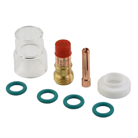8 Piece TIG Torch Kit components including heat resistant glass cup, collet body, nozzle, O rings for WP 17 and 18 models.