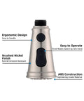 Pull Down Faucet Head Replacement With Three Function Sprayer Modes, showing brushed nickel finish and ergonomic design