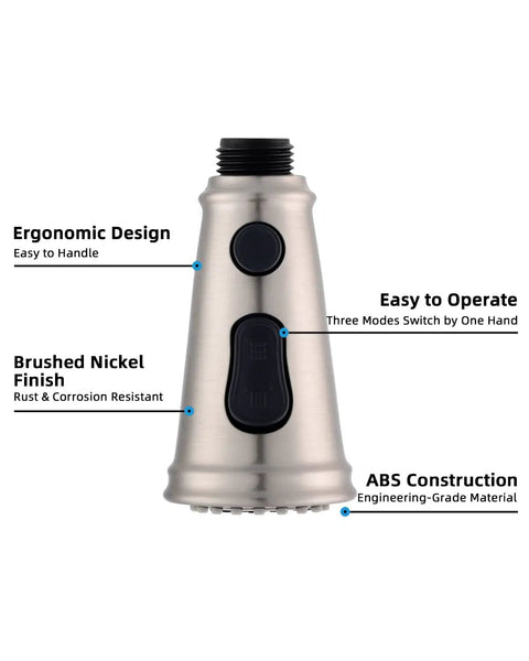 Pull Down Faucet Head Replacement With Three Function Sprayer Modes, showing brushed nickel finish and ergonomic design