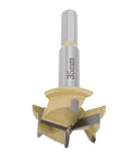 Close-up of 35mm hinge bore bit with 9mm hex shank and 3-flute cutter for woodworking