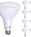 Pack of 8 Boss Level Bright BR40 LED Flood Light Bulbs, 16W, 120W Replacement, 2700K Warm White, displaying bulb design and size.