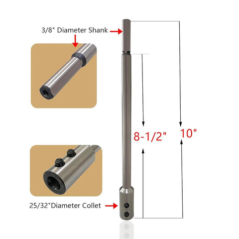 Ten Inch Alloy Steel Forstner Bit Extension Rod For 3/8 Inch Drills, 10" length with 3/8" shank and 25/32" collet for deep drilling.