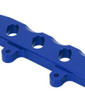Close-up of Lightweight Aluminum Front Mount Stand For SCX6 JLU Wrangler One Sixth RC Car CNC Machined, Dark Blue.