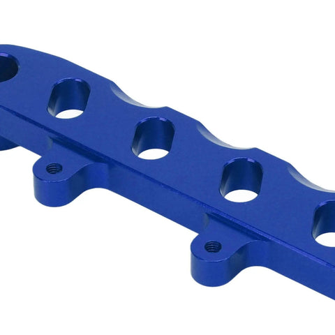 Close-up of Lightweight Aluminum Front Mount Stand For SCX6 JLU Wrangler One Sixth RC Car CNC Machined, Dark Blue.