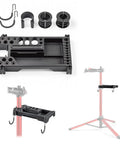 Universal Bike Repair Stand Tool Tray With 27 Tool Slots, Magnetic Parts Tray, phone holder, accessory hooks, installed view