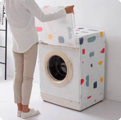 Person using washing machine cover front load waterproof dustproof protector with zipper access for moisture proof and stain resistant shield