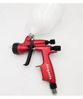 Rugged Gravity Feed Automotive Paint Spray Gun With High Atomization For Killer Bodyshop Topcoats featuring red grip and 600 ml cup.