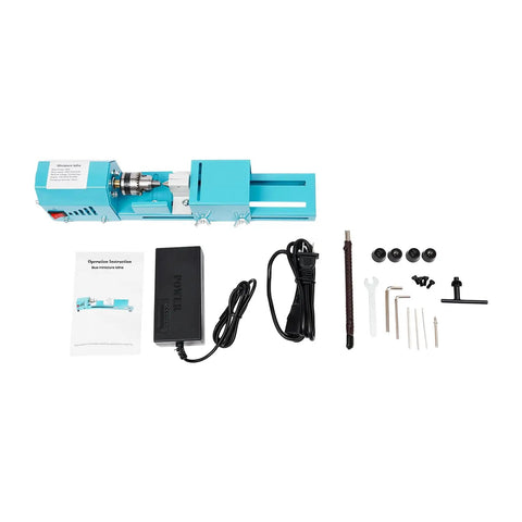 Mini Wood Lathe for Desktop Use with 7 Speed Settings 96W Motor Up to 9000 RPM, featuring compact design and included tools.