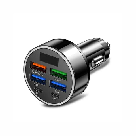 Final Boss Fast Car Charger With 120 Watt Raw Power And Six Lightning Quick Ports, USB C Cigarette Lighter Adapter with ports and voltage display.