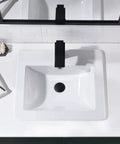 Top view of Drop In White Porcelain Vessel Sink With Black Faucet And Pop Up Drain, 21x18 Inch Bathroom Lavatory Basin