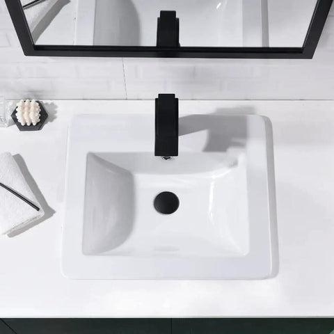 Top view of Drop In White Porcelain Vessel Sink With Black Faucet And Pop Up Drain, 21x18 Inch Bathroom Lavatory Basin