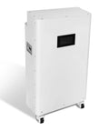 Heavy Duty LiFePO4 Battery Enclosure For Killer DIY Solar Power Storage Setup Built Around 48V Systems And Standard 280Ah Prismatic Cells, white metal design with wheels.