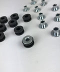 Grommets Rubber Shock Absorbing Cushion Kit For Motorcycles, black rubber grommets with metal washers shown on white background