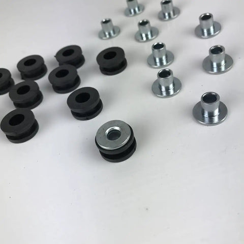 Grommets Rubber Shock Absorbing Cushion Kit For Motorcycles, black rubber grommets with metal washers shown on white background