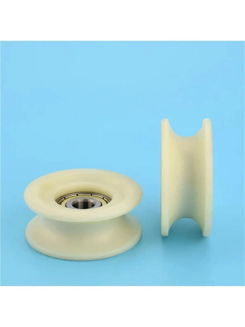 Heavy Duty U Groove V Groove Nylon Caster Wheel With Steel Bearing Built Tough Rolling Smooth For Sliding Gates Industrial Trolleys And Machinery Tracks Single Unit No Hardware Included, side and top view.