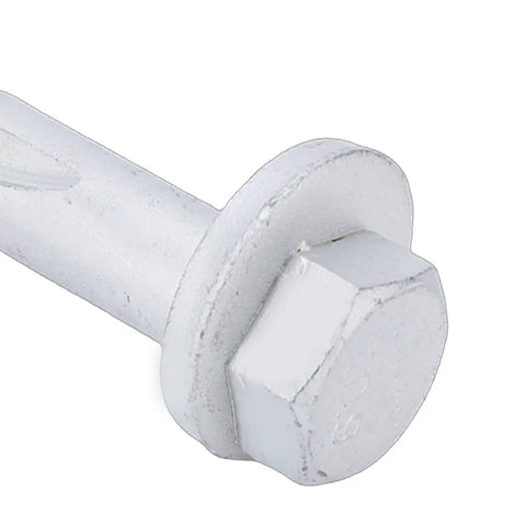 Close-up of Beefy Front Lower Control Arm Bolt For Model S 2012 To 2021 High Strength Steel suspension hardware.