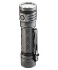 EC300 2600 Lumen Rechargeable LED Flashlight With Red Green Blue White RGB Flood Beam High CRI Neutral White Quad Luminus SST-20 LEDs Waterproof Outdoor Spotlight For Camping Emergencies And Night Missions standing upright with a metal clip and textured grip on a white background.