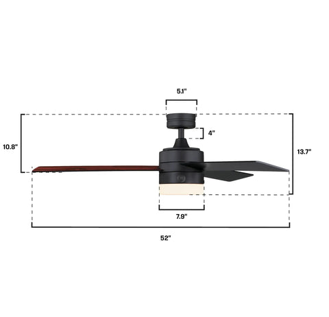 Side view of Alta Vista 52-Inch Modern LED Ceiling Fan With Light And Remote, showcasing dimensions and matte black finish.