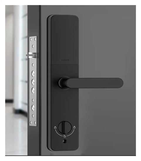 Keyless Entry Smart Lock With Slick Touchscreen Handle And Fingerprint Door Lock Electronic Deadbolt For Front Doors close-up of black aluminum alloy lock with touchscreen and handle.