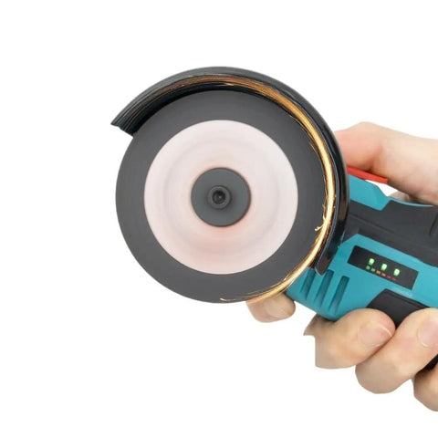 Badass 12v Mini Angle Grinder With Rechargeable Cordless Battery For Heavy Duty Grinding Polishing And Diamond Cutting Jobs showcasing spinning disc in hand.